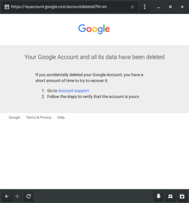Screenshot of Google account deletion confirmation page.