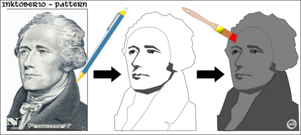 Inktober10 - pattern

Using Alexander Hamilton etching from US $10  bill to do a tracing "pattern" and then filling the outlines with grayscale shades.

clipart images of a pen and a brush are also shown with arrows showing the direction of the process