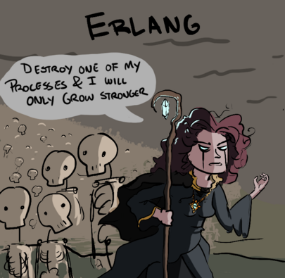 Erlang, a wizened necromancer with skeleton army: "Destroy one of my processes and I will only grow stronger"