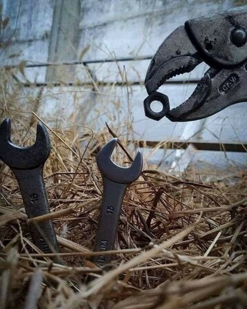 A large wrench holding a nut while little wrenches pole up from a nest