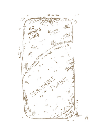 diagram of an iPhone showing thumb-reachable areas from Hailide: Reachable plains, the thumb frontier, no hand's land, etc.
