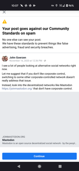 A post linking to joinmastodon.org with Facebook saying it goes against their community standards