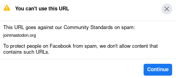 Facebook popup saying "You can't use this URL"