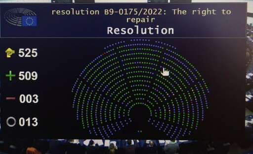 Screenshot of the plenary vote of the European Parliament on the resolution B9-0175/2022: The right to repair. 509 in favour, 3 against, 13 abstentions
