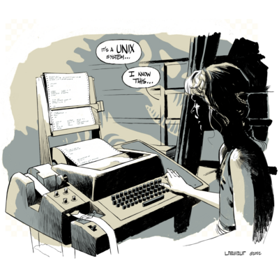 A drawing of the scene in Jurassic Park where Lex sits down at a computer and says "It's a UNIX system ... I know this!" -- only the workstation has been replaced with an ASR-33 teletype.