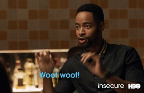Black man gesturing with his hands. The words “woot woot” over image