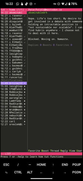 A screenshot of Tut, a command line interface for Mastodon, running on Termux on my Android phone