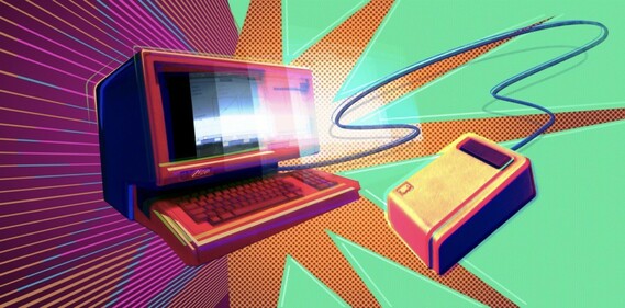 Dynamic illustration in comic art style of an Apple Lisa and its mouse in front of a star shape.