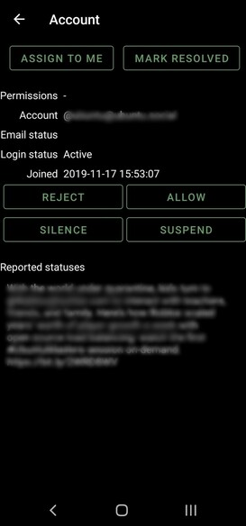 Screenshot from the moderation feature displaying a report.
