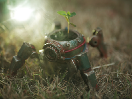 The quadripod is now fully painted, it seems to move in the grass, behind it there is a strong light and smoke.