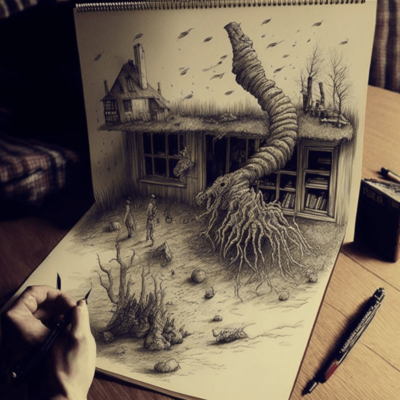An artist's sketchpad; the artist is drawing a scene involving an old house, underground rooms and roots, and odd figures. The scene appears to exist in 3D despite being on a sketchpad.