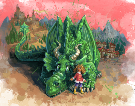 Artwork of a small girl and a BIG dragon. She stands protectively in front of the big green dragon who is laying on the ground with wings tucked in. There's a village and a castle with sharp peaked mountains in the background and a splatter red sunset sky.
