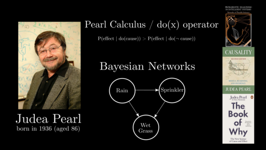 Judea Pearl, born 1936 (aged 86).
Some of his famous work:
Pearl Calculus and Bayesian Networks + some of his books (Probabilistic Reasoning in Intelligent Systems, 1988, Causality: Models, Reasoning, and Inference, 2000 and The Book of Why: The New Science of Cause and Effect, 2018)