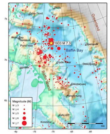 Map showing the location of the 20 November, 1933 M7.3 earthquake just offshore of Baffin Island, #Canada. This is the largest known earthquake north of the Arctic circle.
More recent seismicity is also shown.