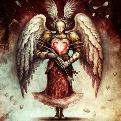 A humanoid with wings on its back and head, wearing a helmet that conceals its face, pauldrons on its shoulders, and carrying perhaps a crossbow or something.
