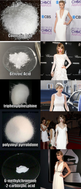 Various organic chemical compounds compared to Taylor Swift -- with the joke being that they're all white powders so it's just photos of her in white.