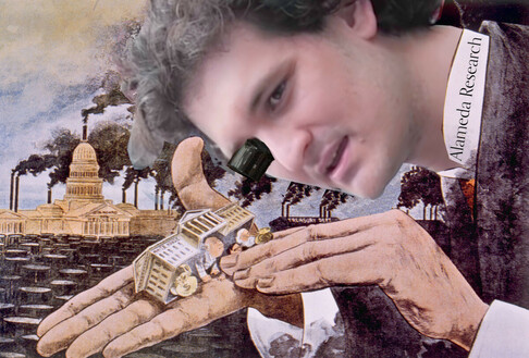 A vintage trustbuster cartoon depicting John D Rockefeller holding the Treasury building in the palm of his hand, peering at it through a watchmaker's loupe. Rockefeller's head has been replaced with Sam Bankman-Fried's. His collar bears the Alameda Research wordmark.



Image:
Cointelegraph (modified)
https://commons.wikimedia.org/wiki/File:Sam_Bankman-Fried.png

CC BY 3.0
https://creativecommons.org/licenses/by/3.0/deed.en