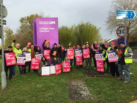 Picket Line UCU strike College Lane Campus University of Hertfordshire: picture of people holding banners