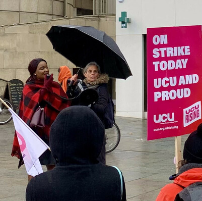 Rector of Edinburgh University, Debora Kayembe giving a speech of support to university staff at the Bristo Square rally