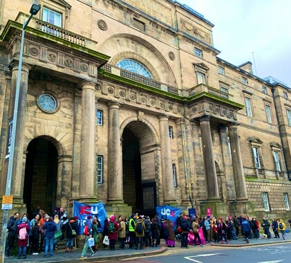 picket line of staff on strike at Old College, Edinburgh