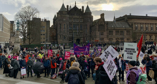 crowd gathering at Bristo Square for rally in support of university strikes
