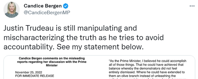 Candice Bergen
@CandiceBergenMP on Twitter

Justin Trudeau is still manipulating and mischaracterizing the truth as he tries to avoid accountability. See my statement below.