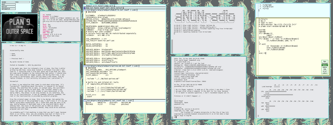 Plan9 From User Space  desktop running on a Thinkpad R51, showing various terminals and the acme and sam editors.  background is a tiled picture of a blue feather.