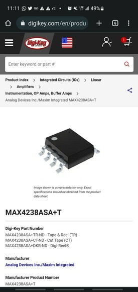 Digikey page fot MAX4238ASA+T op amp, showing black microchip image.
