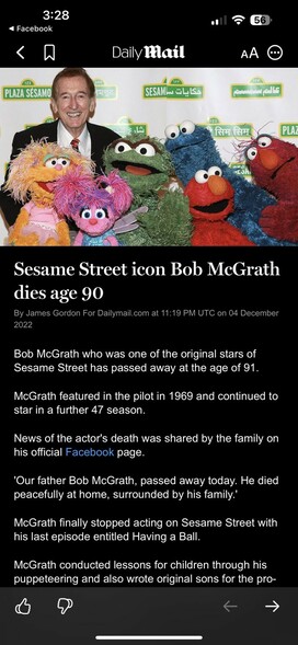 Screenshot of a Dsily Nail article where the age of Bob McGrath in the headline is contradicted by the very first sentence in the article.