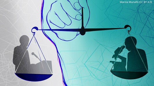 A digital illustration showing a pastel blue hand holding a balanced pair of scales across a fractured background; both plates hold the grey silhouette of a scientist, who is either giving a speech (left plate) or looking down a microscope (right plate).