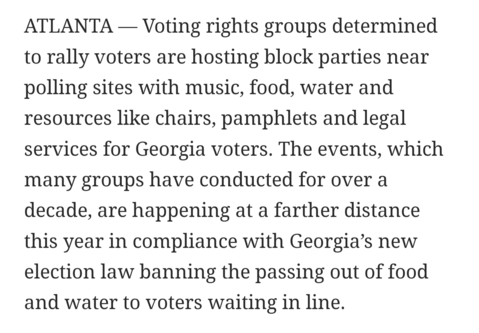 ATLANTA — Voting rights groups determined to rally voters are hosting block parties near polling sites with music, food, water and resources like chairs, pamphlets and legal services for Georgia voters. The events, which many groups have conducted for over a decade, are happening at a farther distance this year in compliance with Georgia’s new election law banning the passing out of food and water to voters waiting in line.