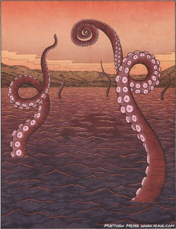 Several enormous red octopus arms stretch up out of a dark red sea.