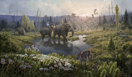 Mastodons, a hare and geese around a pond surrounded by grasses, flowering plants & shrubby plants; forests in the distance.