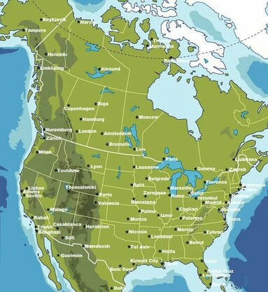 This map shows major cities in North America replaced by major cities across the Atlantic at the same latitude. For example, Seattle is replaced with Zurich.
