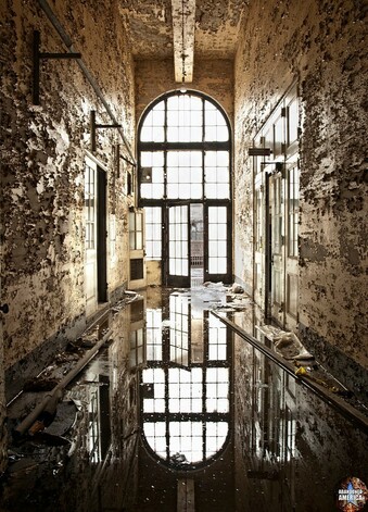 A high, arched door with glass panes at the end of a short hallway. The door is slightly ajar. The floor of the hallway is covered in water and the door is reflected in it. The paint on the walls is peeling