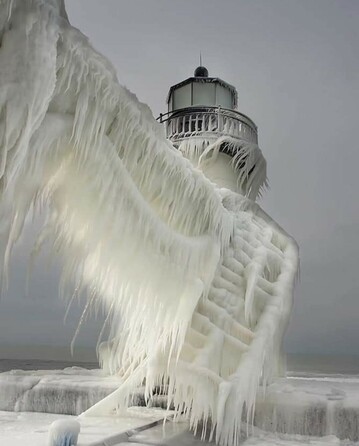 Pic of lighthouse with walls of white ice stuck to its surface. Almost more ice than lighthouse.