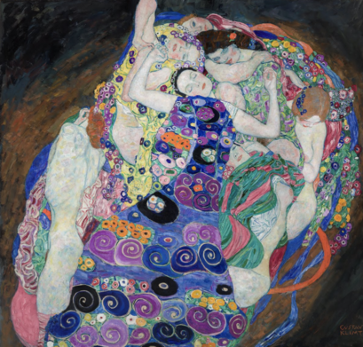 Reconstructed Klimt painting of women lounging in colourful fabrics.