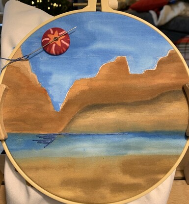 A watercolor painting of a riparian zone, ready for embroidery.
