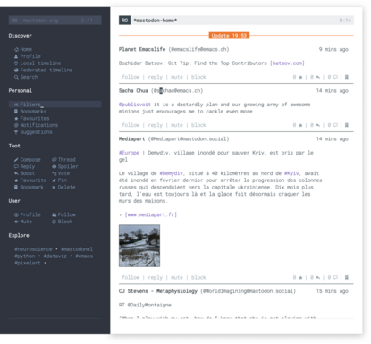 Screenshot of the Emacs mastodon client alternative layout