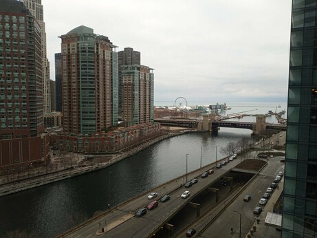 View from Swissotel hotel room on Lake Michigan in the distance.