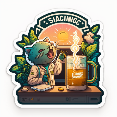 Generated by AI. A cat-looking figure in a lab coat has a very large mug of what could be coffee in front of them. A sun rises behind them.