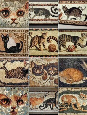 A grid of 12 squares, each containing an AI generated depiction of a cat mosaic. Most of them have weird AI deformities and weirdness.