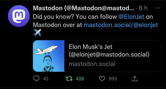 tuit del compte oficial de Mastodon a Twitter que ha provocat que Elon Musk el suspengui.