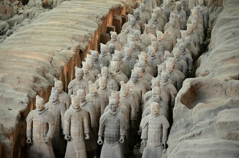 Rows of excavated soldiers of the Terracotta Army, China