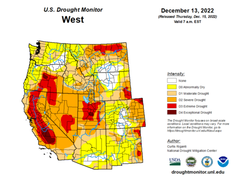Western drought monitor map, December 15, showing severe drought over much of the western United States
