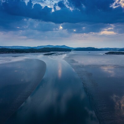Photographed from a drone, the River Urr where it meets the Solway