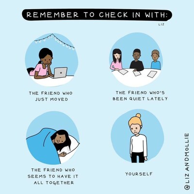 Script at top remember to check in with 
Top left circle the friend who just moved. Person typing on a computer. 
To right circle the friend who’s been quiet lately. Three people  around a table with papers in front of them 
Bottom left circle the friend who seems to have it all together. Person under bed covers 
Bottom right circle yourself. One person looking down.