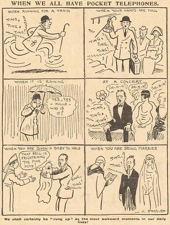 Comic strip from 1919 about what would happen if everyone always carried a mobile phone.