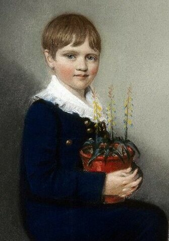 A portrait of Charles Babbage as a child holding a pot plant