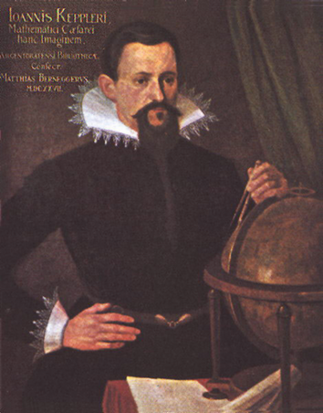 Portrait of the mathematician & astronomer Johannes Kepler standing behind a gold with a pair of dividers in his hand